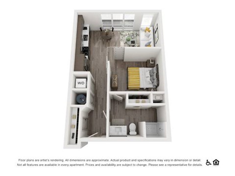 Floor plan for 1 bed, 1 bath, 595 sqft